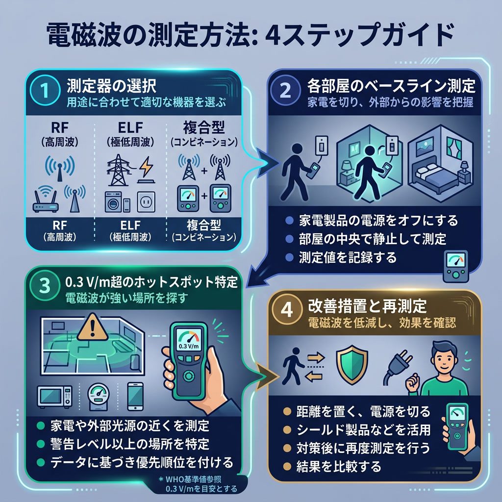インフォグラフィック：'電磁波の測定方法' 4ステップガイド。ステップ1：測定器の選択（RF/ELF/複合型）。ステップ2：各部屋のベースライン測定。ステップ3：0.3 V/m超のホットスポット特定。ステップ4：改善措置と再測定。WHO基準