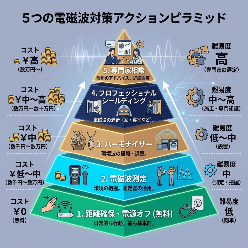 インフォグラフィック：'5つの電磁波対策' アクションピラミッド。下から：距離確保・電源オフ（無料）、電磁波測定、ハーモナイザー、プロフェッショナルシールディング、専門家相談。各レベルのコストと難易度。日本語テキスト。 Light indi