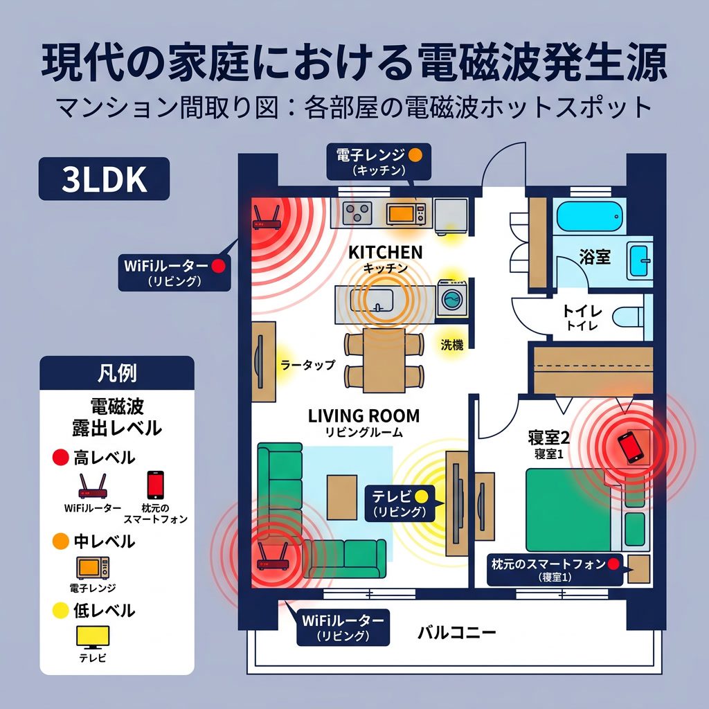 インフォグラフィック：'現代の家庭における電磁波発生源' マンション間取り図。各部屋の電磁波ホットスポット：WiFiルーター（赤）、枕元のスマートフォン（赤）、電子レンジ（オレンジ）、テレビ（黄色）。露出レベルの凡例付き。日本語テキスト。 