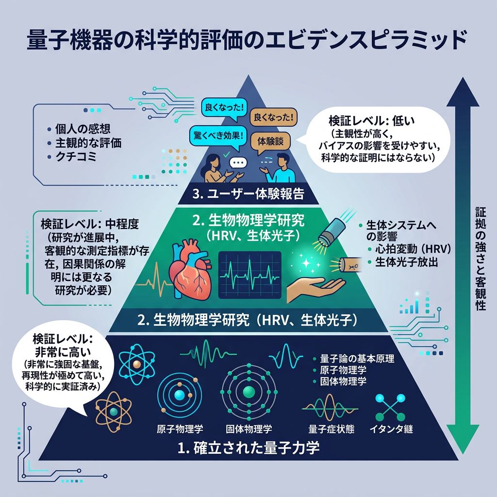 インフォグラフィック：'量子機器の科学的評価' エビデンスピラミッド。底層：確立された量子力学。中層：生物物理学研究（HRV、生体光子）。上層：ユーザー体験報告。各層の検証レベルを注記。日本語テキスト。 Light indigo-gray 