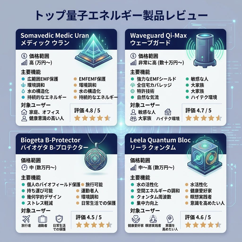 インフォグラフィック：'トップ量子エネルギー製品レビュー' 製品カードグリッド。4製品カード：Somavedic Medic Uran、Waveguard Qi-Max、Biogeta B-Protector、Leela Quantum B
