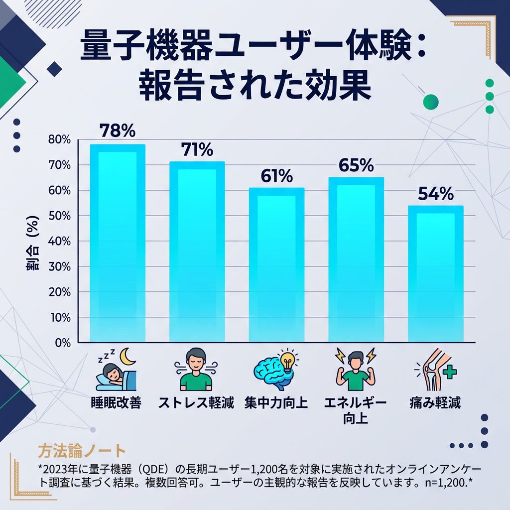 インフォグラフィック：'量子機器ユーザー体験' 棒グラフ。報告された効果：睡眠改善78%、ストレス軽減71%、エネルギー向上65%、痛み軽減54%、集中力向上61%。シアン色の棒グラフとパーセンテージ。方法論ノート付き。日本語テキスト。 L