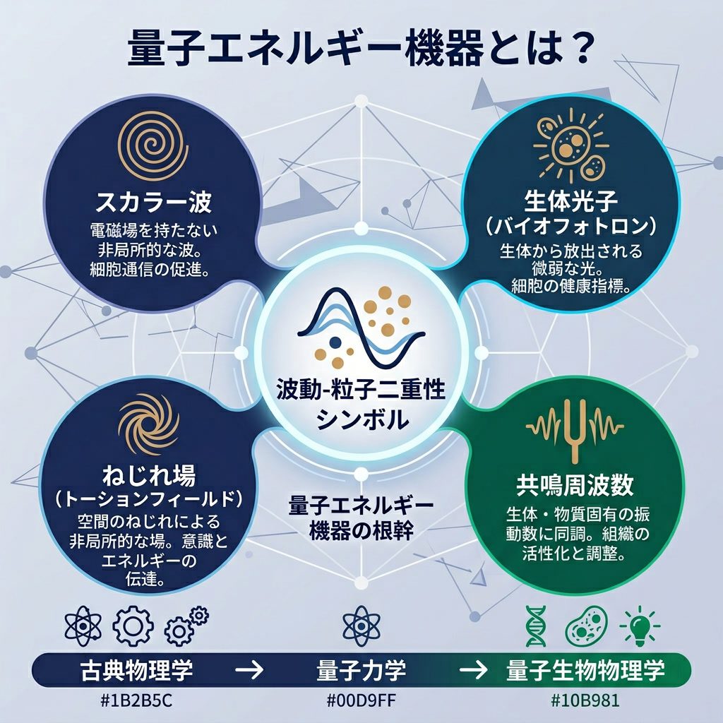 インフォグラフィック：'量子エネルギー機器とは？' コンセプトマップ。中心：波動-粒子二重性シンボル。周囲のバブル：スカラー波、生体光子、ねじれ場、共鳴周波数。底部：古典物理学から量子生物物理学へのスペクトル。日本語テキスト。 Light 