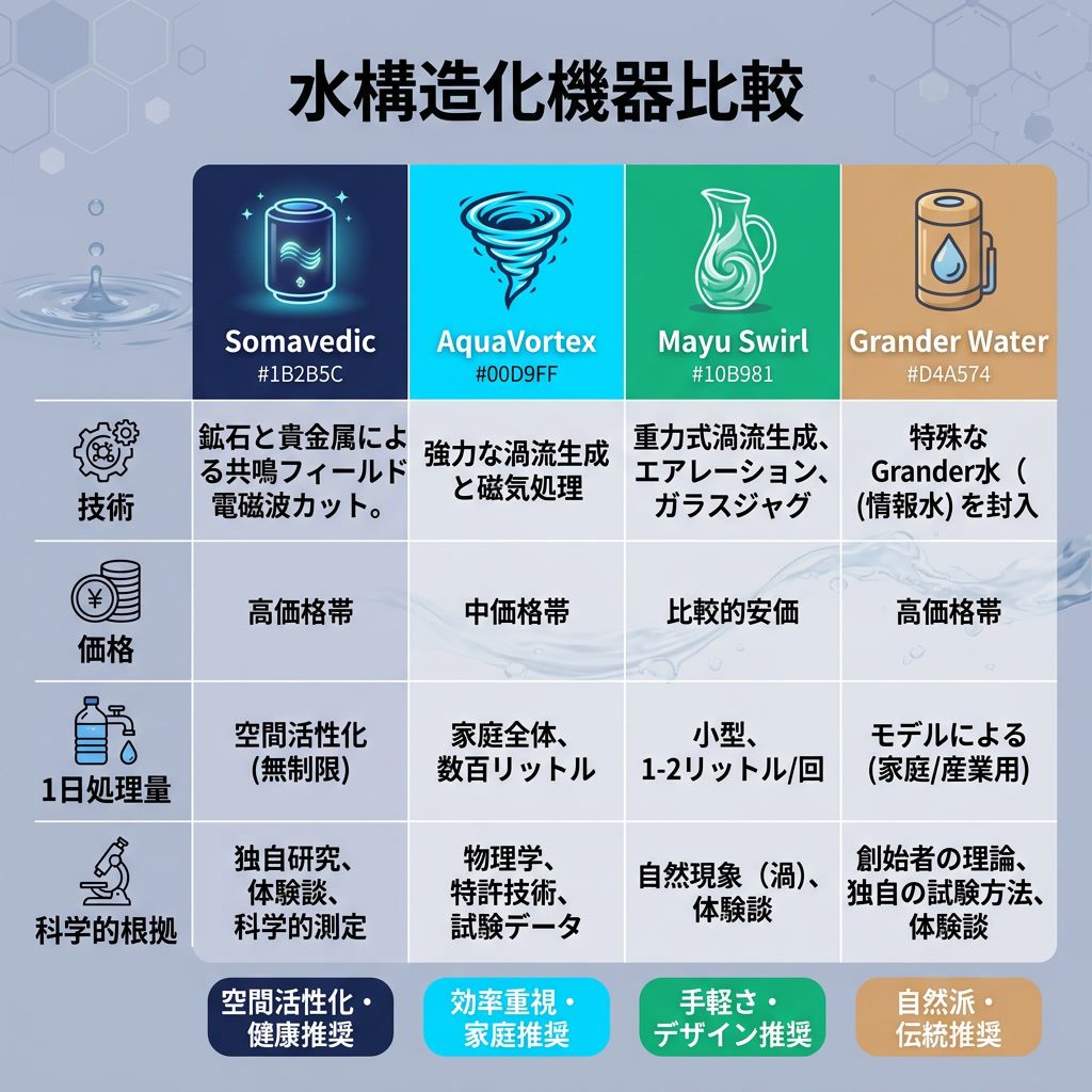 インフォグラフィック：'水構造化機器比較' 比較表。製品：Somavedic、AquaVortex、Mayu Swirl、Grander Water。基準：技術、価格、1日処理量、科学的根拠。カラー推奨バッジ付き。日本語テキスト。 Ligh