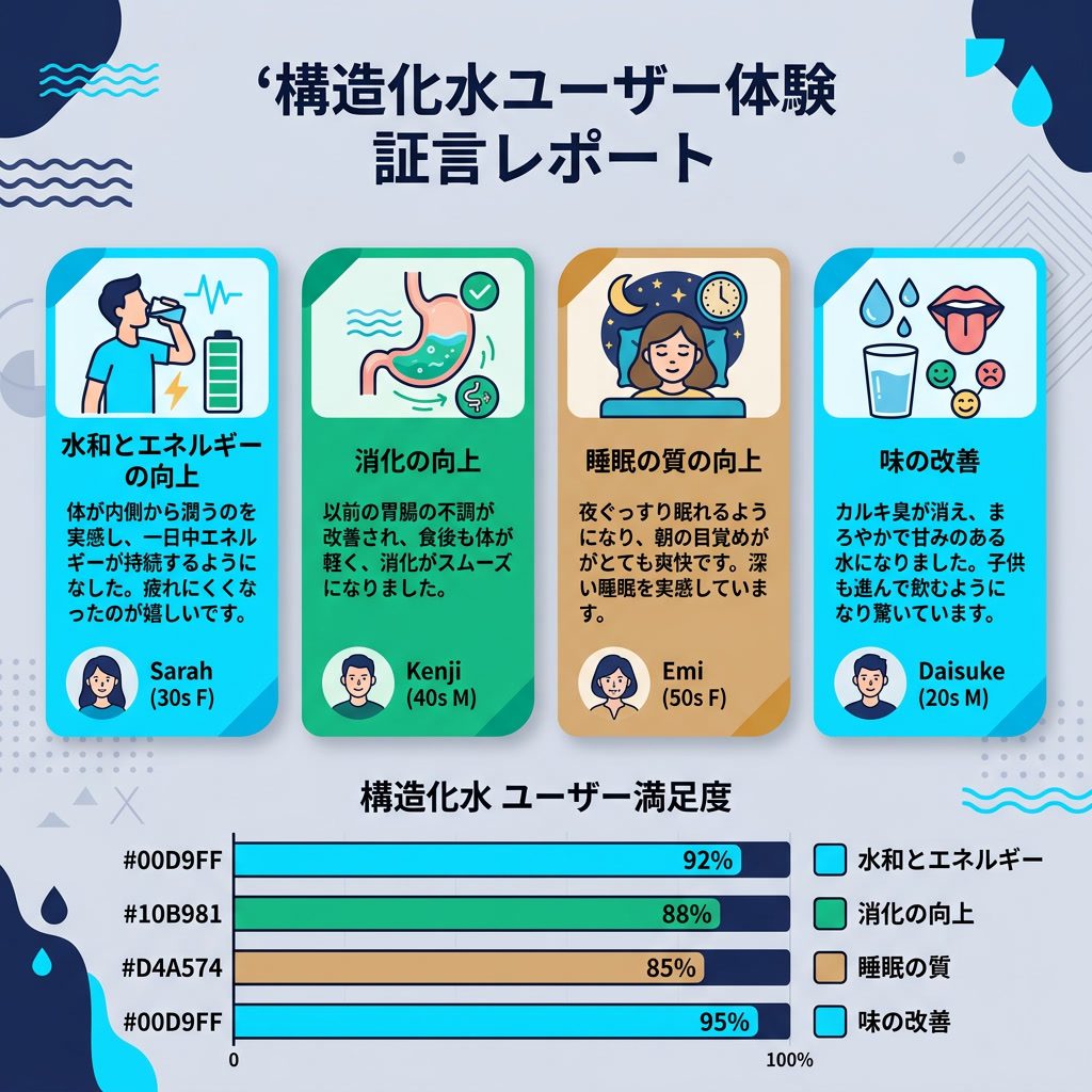 インフォグラフィック：'構造化水ユーザー体験' 体験談カード。4枚のカード：水和とエネルギーの改善、消化の向上、睡眠の質の向上、味の改善。満足度の棒グラフ付き。日本語テキスト。 Light indigo-gray background 75