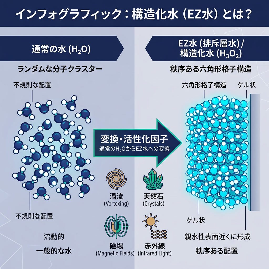 インフォグラフィック：'構造化水とは？' 分子比較図。左：通常のH2O（ランダムクラスター）。右：EZ水H3O2（六角形格子）。中央：変換活性化因子の矢印（渦流、クリスタル、磁石、赤外線）。日本語テキスト。 Light indigo-gra