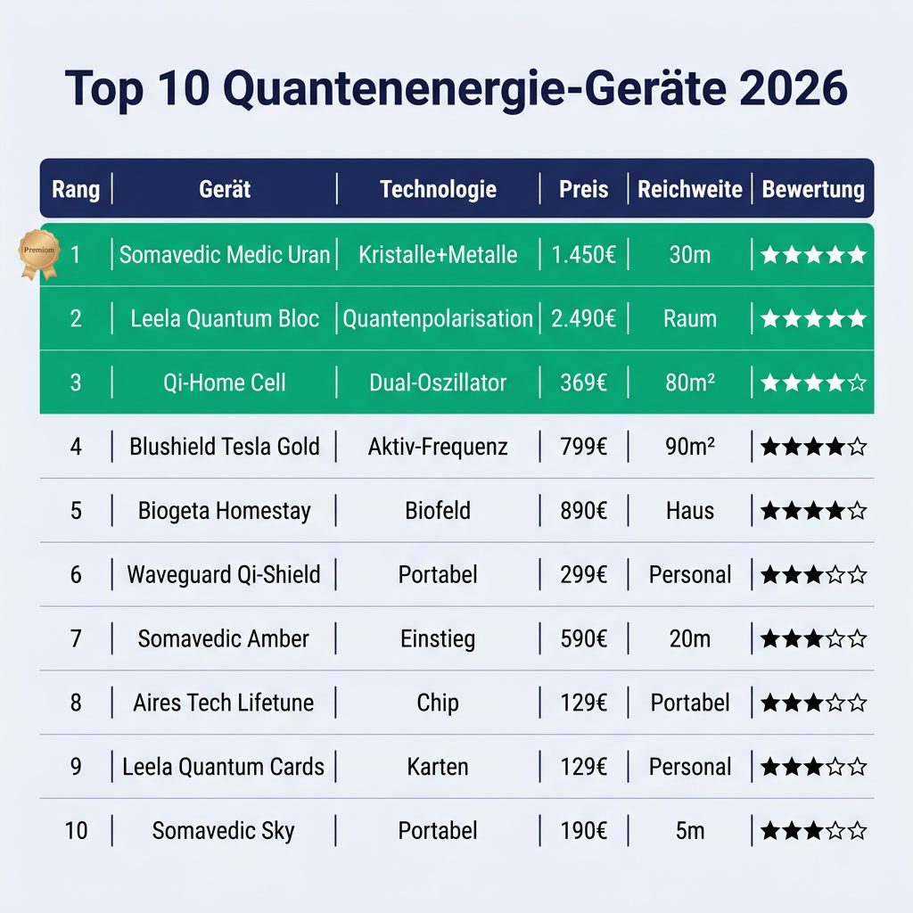 Top 10 Quantenenergie-Geräte 2026 im Vergleich: Somavedic, Leela, Qi-Home, Blushield, Biogeta