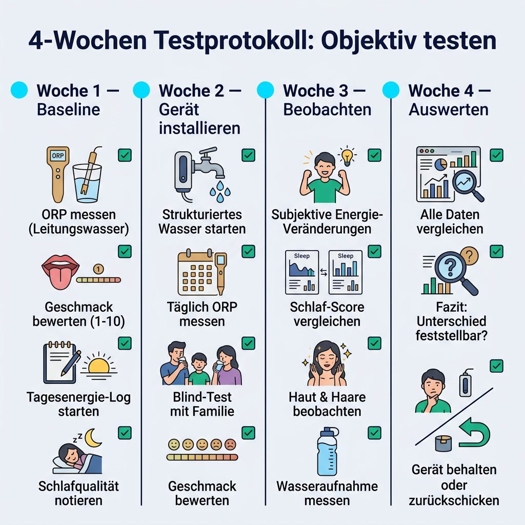 4-Wochen Wasserstrukturierung Testprotokoll: Wie man objektiv testet und Ergebnisse misst