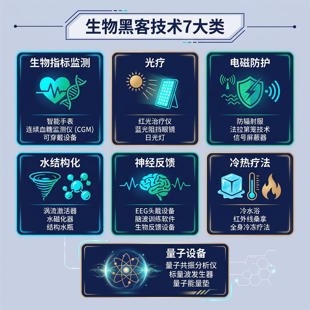 信息图：'生物黑客技术7大类' 卡片网格。类别：生物指标监测，光疗，电磁防护，水结构化，神经反馈，冷热疗法，量子设备。每张卡片配图标和典型工具示例。中文标签。 Light indigo-gray background 75% opacity