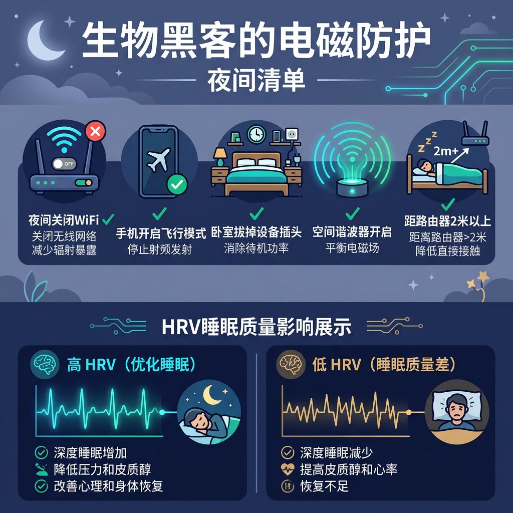 信息图：'生物黑客的电磁防护' 夜间清单。清单：夜间关闭WiFi ✓，手机开启飞行模式 ✓，卧室拔掉设备插头 ✓，空间谐波器开启 ✓，距路由器2米以上 ✓。HRV睡眠质量影响展示。中文标签。 Light indigo-gray backgr