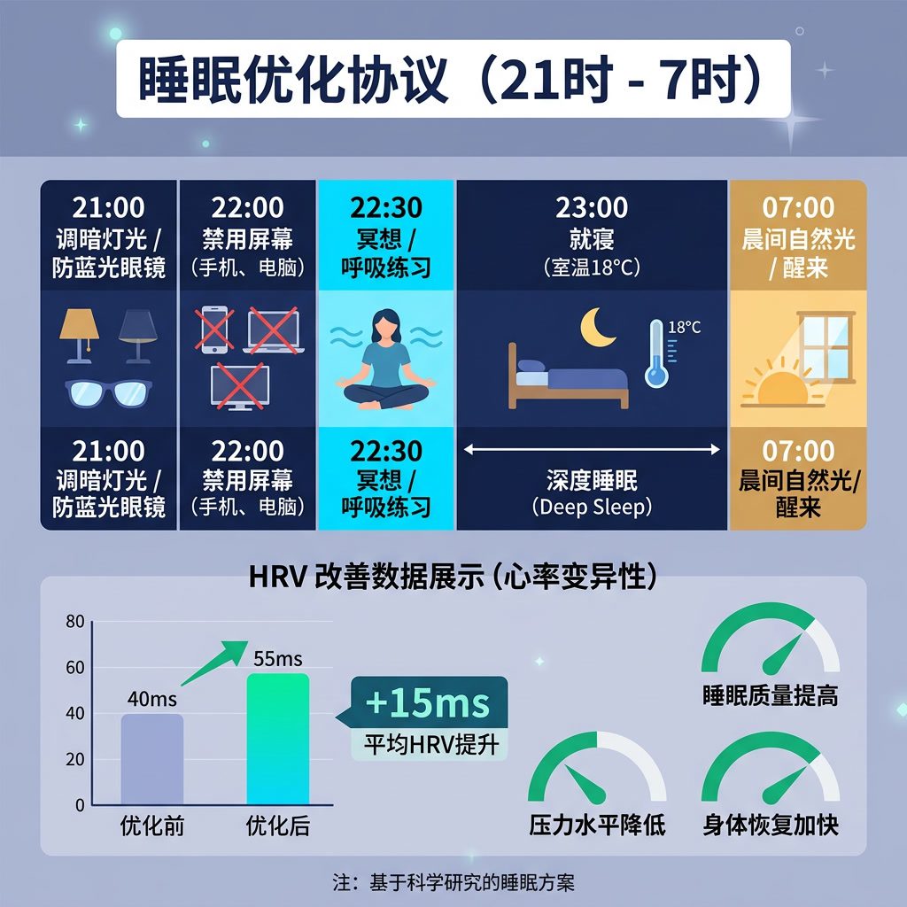 信息图：'睡眠优化协议' 夜间时间轴21时-7时。颜色块：21时-调暗灯光/防蓝光眼镜，22时-禁用屏幕，22时30分-冥想/呼吸练习，23时-就寝（室温18°C），7时-晨间自然光。HRV改善数据展示。中文标签。 Light indigo