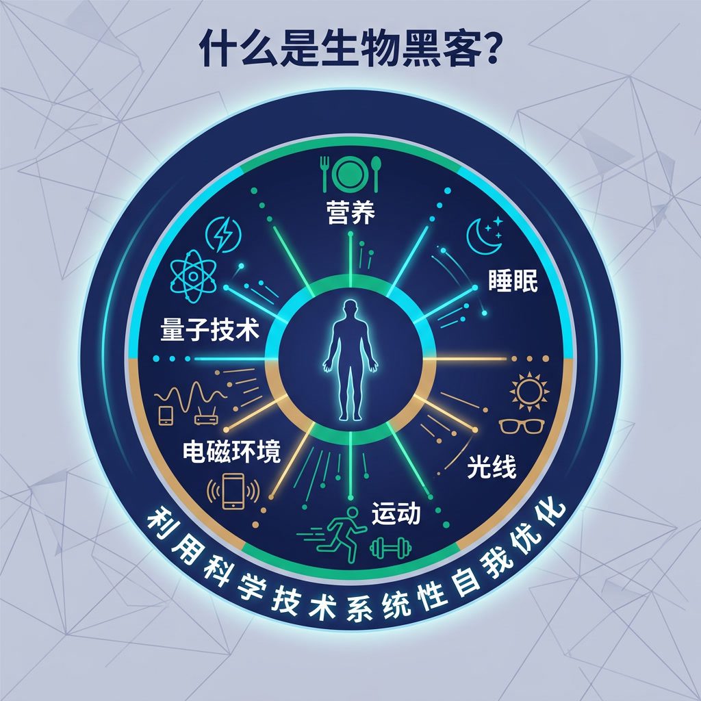 信息图：'什么是生物黑客？' 组件轮盘。中心：人体轮廓。6条辐射线：营养，睡眠，光线，运动，电磁环境，量子技术。外圈：'利用科学技术系统性自我优化'。中文标签。 Light indigo-gray background 75% opacit