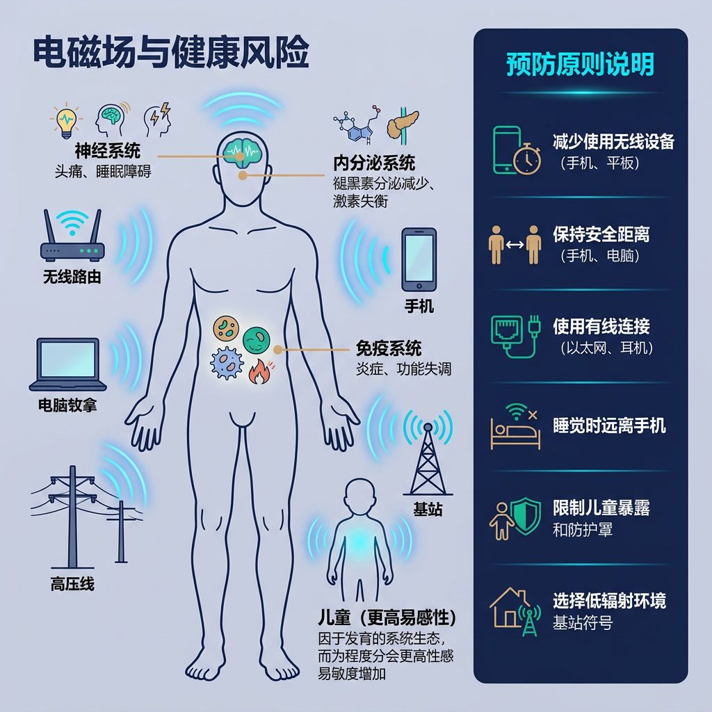 信息图:'电磁场与健康风险' 人体图谱。人体轮廓标注受影响系统:神经系统(头痛、睡眠障碍)、免疫系统(炎症),内分泌系统(褪黑素)、儿童(更高易感性)。右侧:预防原则说明。中文标签。 Light indigo-gray background