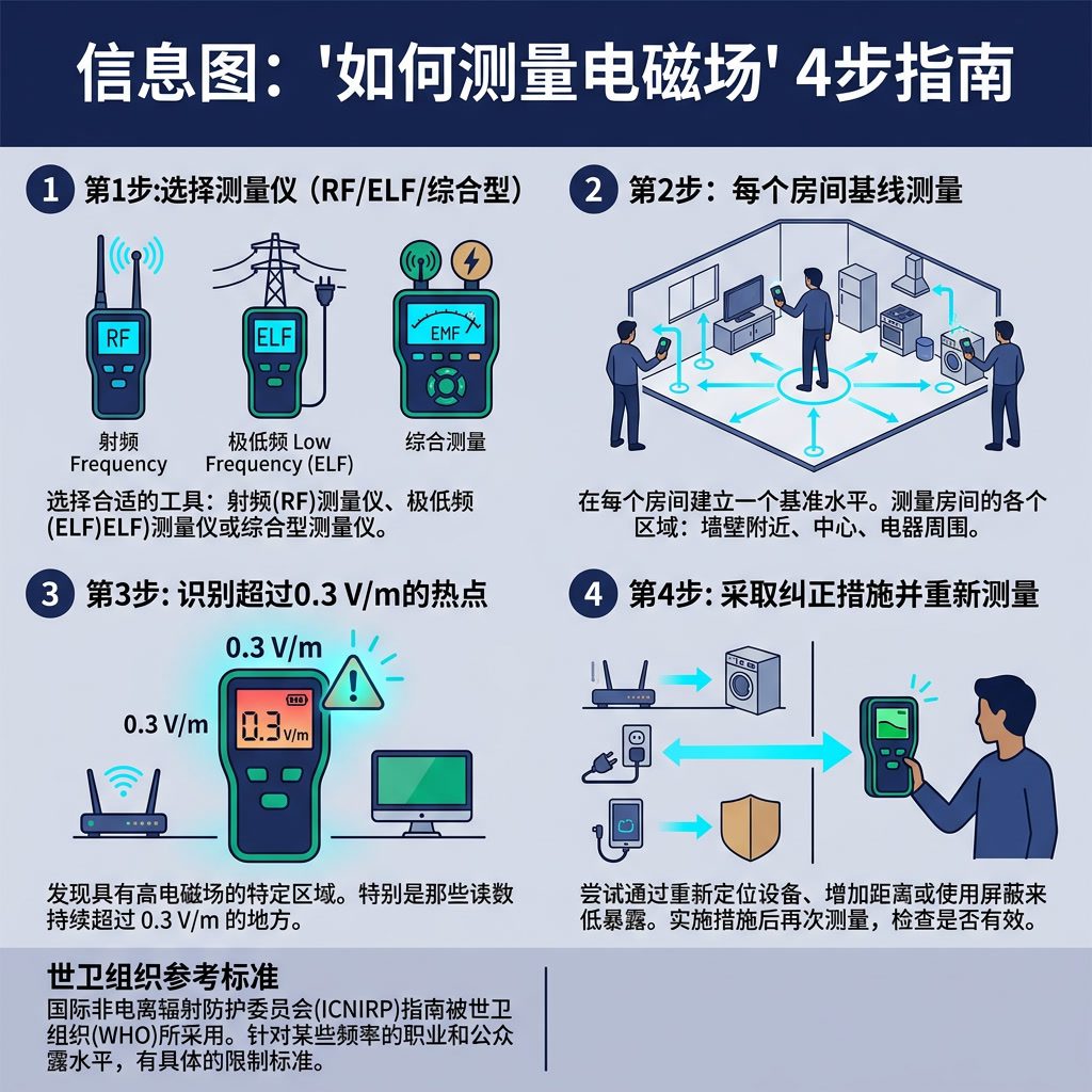 信息图:'如何测量电磁场' 4步指南。第1步:选择测量仪(RF/ELF/综合型)。第2步:每个房间基线测量。第3步:识别超过0.3 V/m的热点。第4步:采取纠正措施并重新测量。世卫组织参考标准。中文标签。 Light indigo-gra