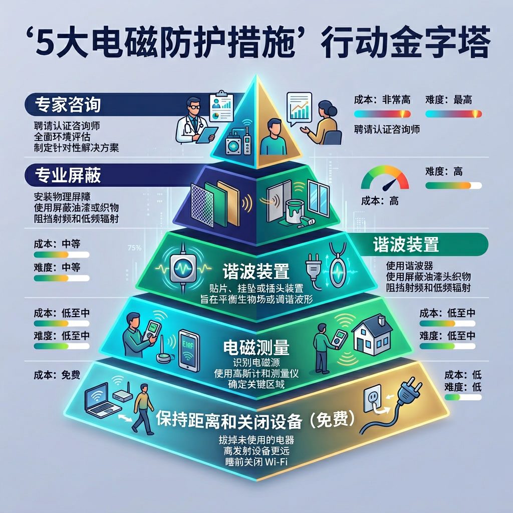 信息图:'5大电磁防护措施' 行动金字塔。从底部:保持距离和关闭设备(免费),电磁测量,谐波装置,专业屏蔽,专家咨询。每个级别显示成本和难度。中文标签。 Light indigo-gray background 75% opacity, d