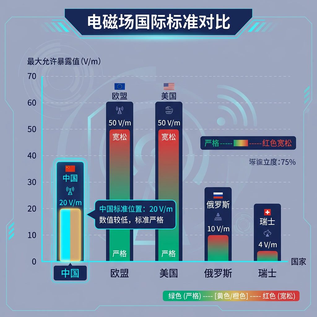信息图:'电磁场国际标准对比' 条形图。横轴:国家(中国、欧盟、美国、俄罗斯、瑞士)。纵轴:最大允许暴露值(V/m)。颜色编码:严格(绿色)到宽松(红色)。标注中国标准位置。中文标签。 Light indigo-gray backgroun