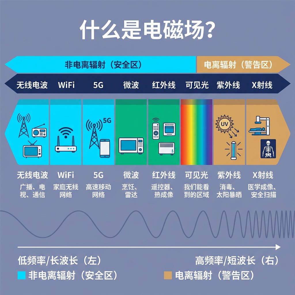 信息图:'什么是电磁场?' 水平频谱图。从左到右:无线电波、WiFi、5G、微波、红外线、可见光、紫外线、X射线。颜色分区:非电离辐射(安全区,青色)与电离辐射(警告区,金色)。常见设备图标。中文标签。 Light indigo-gray