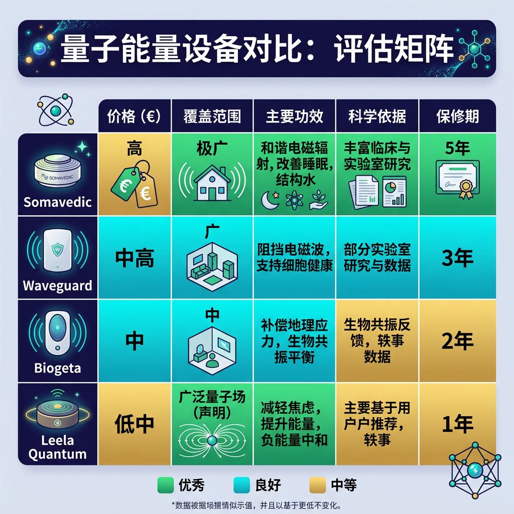 信息图：'量子能量设备对比' 评估矩阵。行：Somavedic、Waveguard、Biogeta、Leela Quantum。列：价格（€）、覆盖范围、主要功效、科学依据、保修期。颜色编码单元格便于快速浏览。中文标签。 Light ind