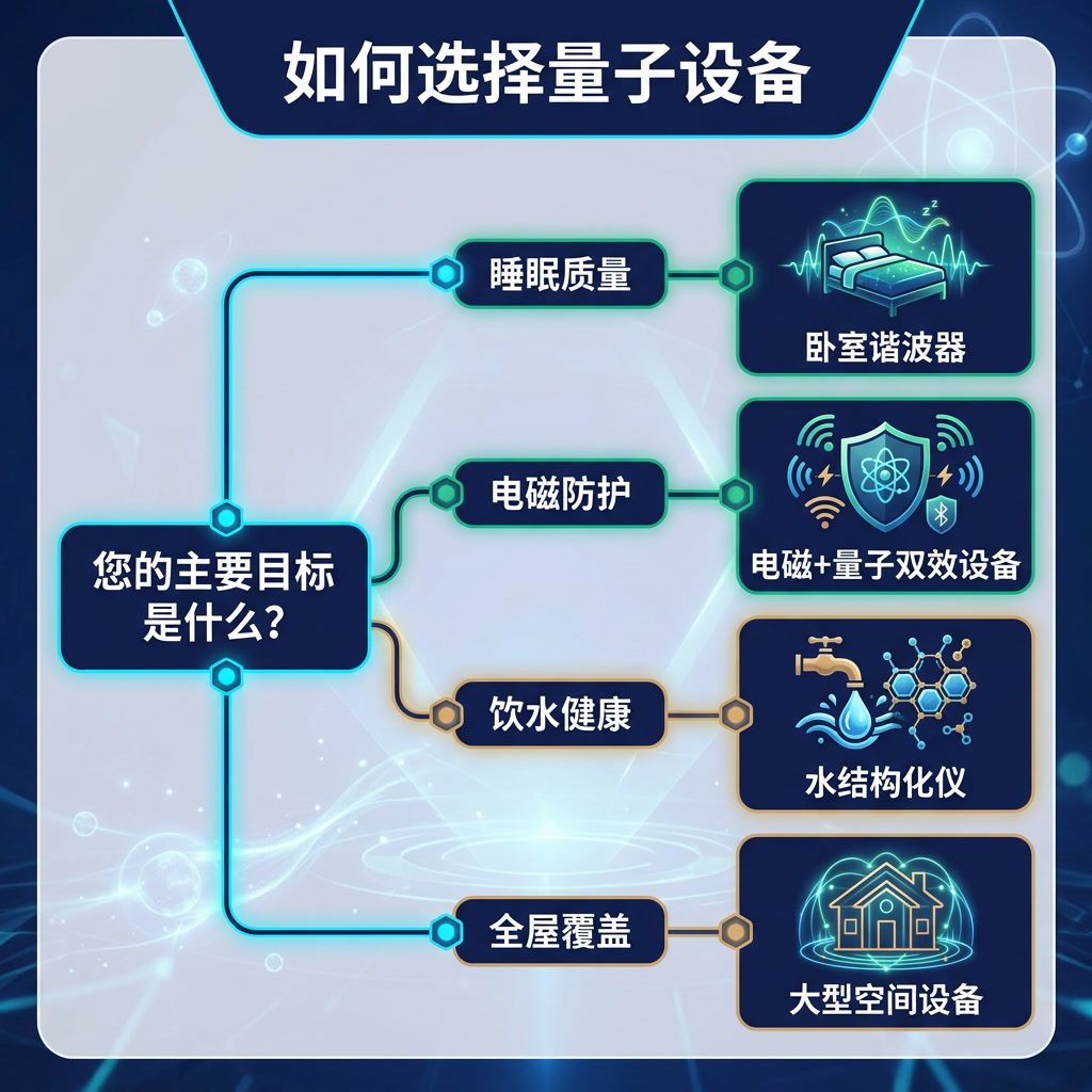 信息图：'如何选择量子设备' 决策树。初始问题：'您的主要目标是什么？' 分支：睡眠质量→卧室谐波器，电磁防护→电磁+量子双效设备，饮水健康→水结构化仪，全屋覆盖→大型空间设备。中文标签。 Light indigo-gray backgro