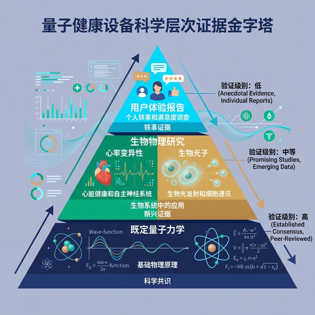 信息图：'量子健康设备科学层次'证据金字塔。底层：既定量子力学。中层：生物物理研究（心率变异性、生物光子）。顶层：用户体验报告。每层注明验证级别。中文标签。 Light indigo-gray background 75% opacity,