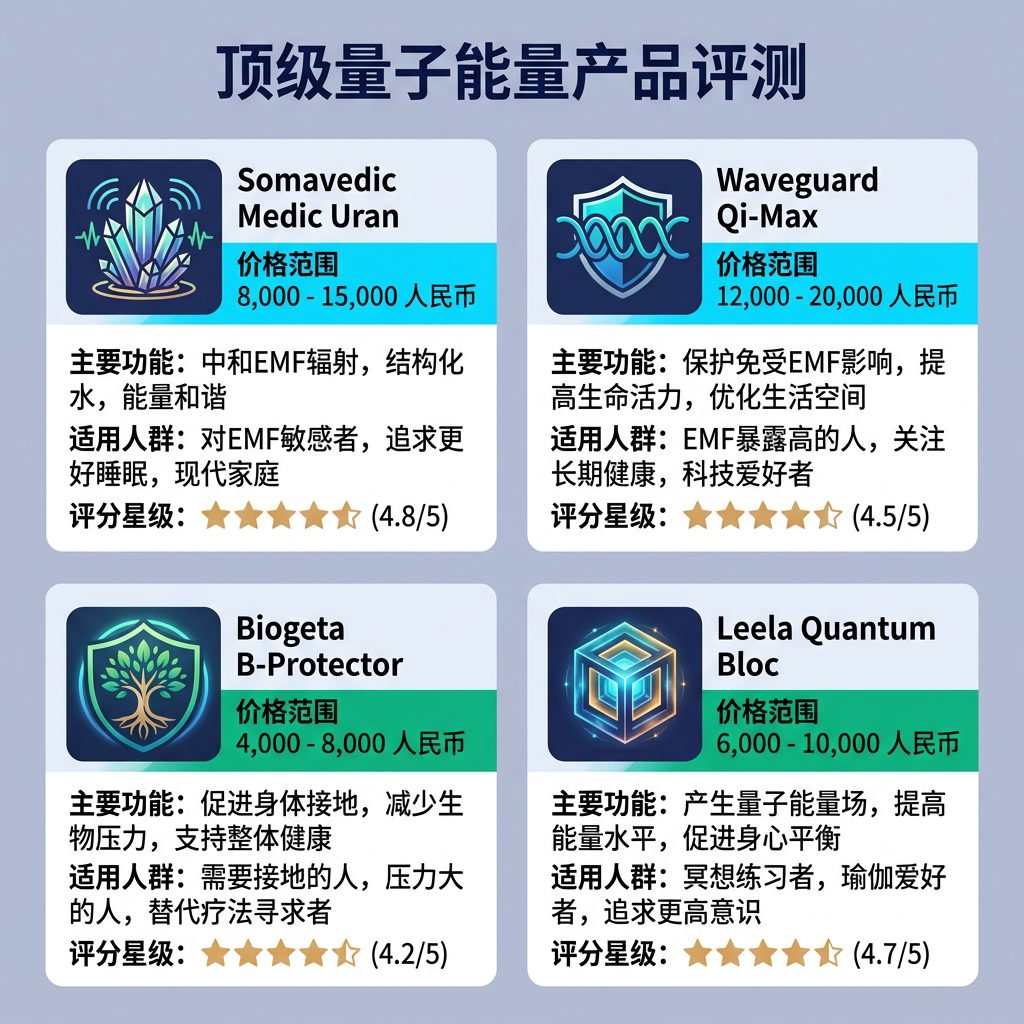 信息图：'顶级量子能量产品评测' 产品卡片网格。4张产品卡：Somavedic Medic Uran、Waveguard Qi-Max、Biogeta B-Protector、Leela Quantum Bloc。每张卡：图标、价格范围、主