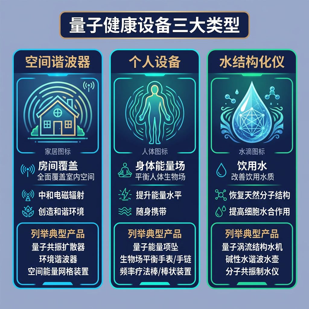 信息图：'量子健康设备三大类型' 列对比图。第1列：空间谐波器（房间覆盖，家居图标）。第2列：个人设备（身体能量场，人体图标）。第3列：水结构化仪（饮用水，水滴图标）。每列列举典型产品。中文标签。 Light indigo-gray bac