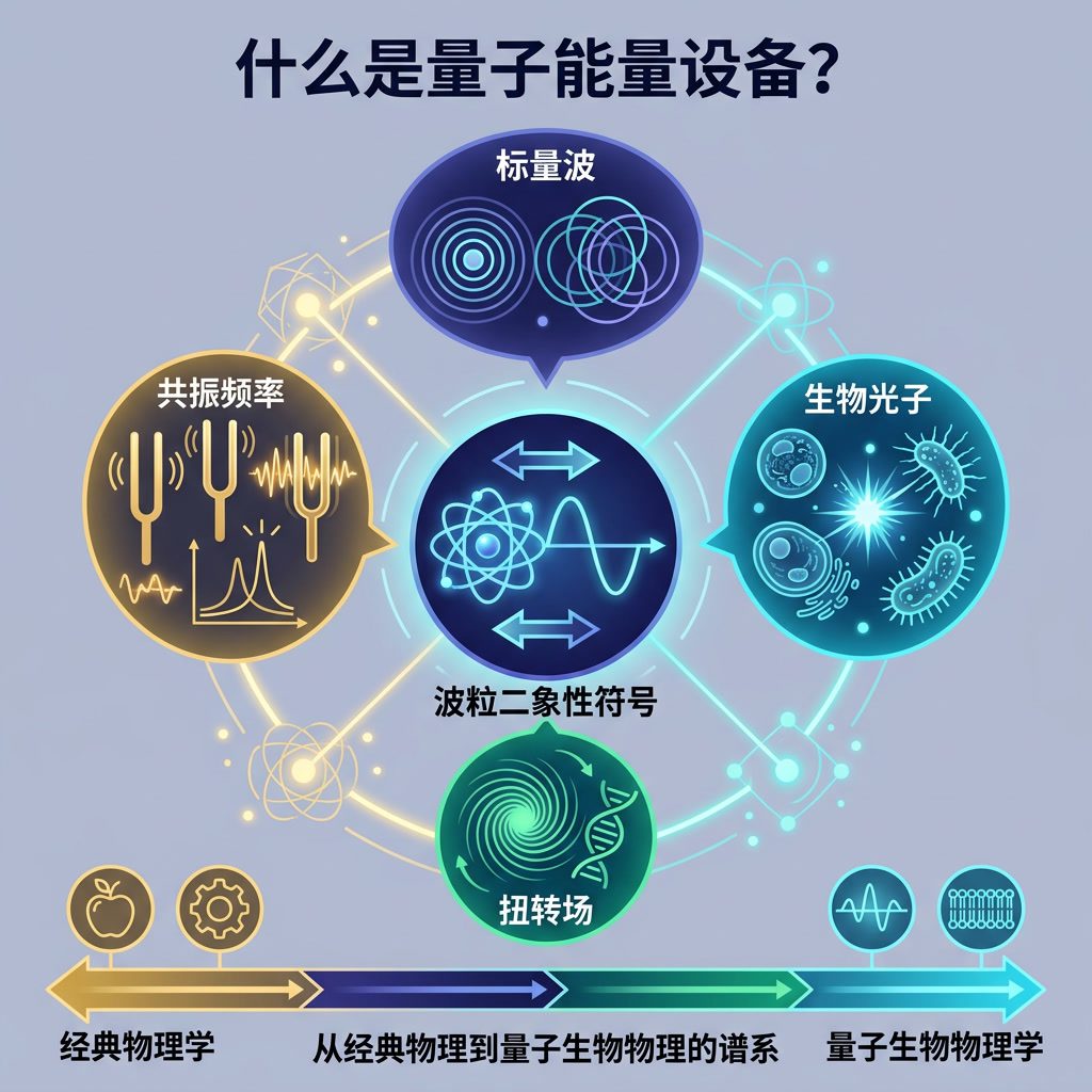 信息图：'什么是量子能量设备？' 概念图。中心：波粒二象性符号。外围气泡：标量波、生物光子、扭转场、共振频率。底部：从经典物理到量子生物物理的谱系。中文标签。 Light indigo-gray background 75% opacity