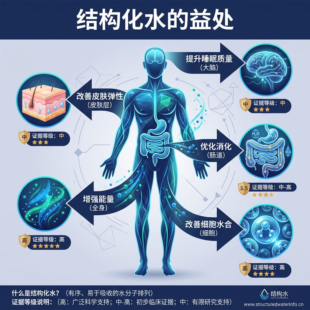 信息图：'结构化水的益处' 人体地图。人体轮廓与标注箭头：改善细胞水合（细胞），优化消化（肠道），提升睡眠质量（大脑），增强能量（全身），改善皮肤弹性（皮肤层）。每项益处附证据等级指标。中文标签。 Light indigo-gray bac
