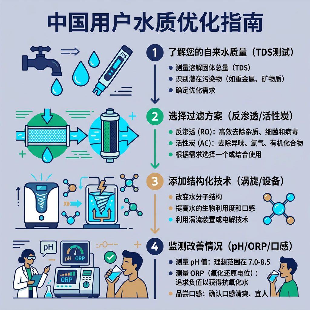 信息图：'中国用户水质优化指南' 4步流程。步骤1：了解您的自来水质量（TDS测试）。步骤2：选择过滤方案（反渗透/活性炭）。步骤3：添加结构化技术（涡旋/设备）。步骤4：监测改善情况（pH/ORP/口感）。中文标签。 Light indi