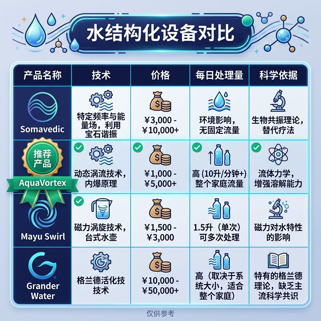 信息图：'水结构化设备对比' 比较表格。产品：Somavedic、AquaVortex、Mayu Swirl、Grander Water。标准：技术、价格、每日处理量、科学依据。彩色推荐徽章。中文标签。 Light indigo-gray 