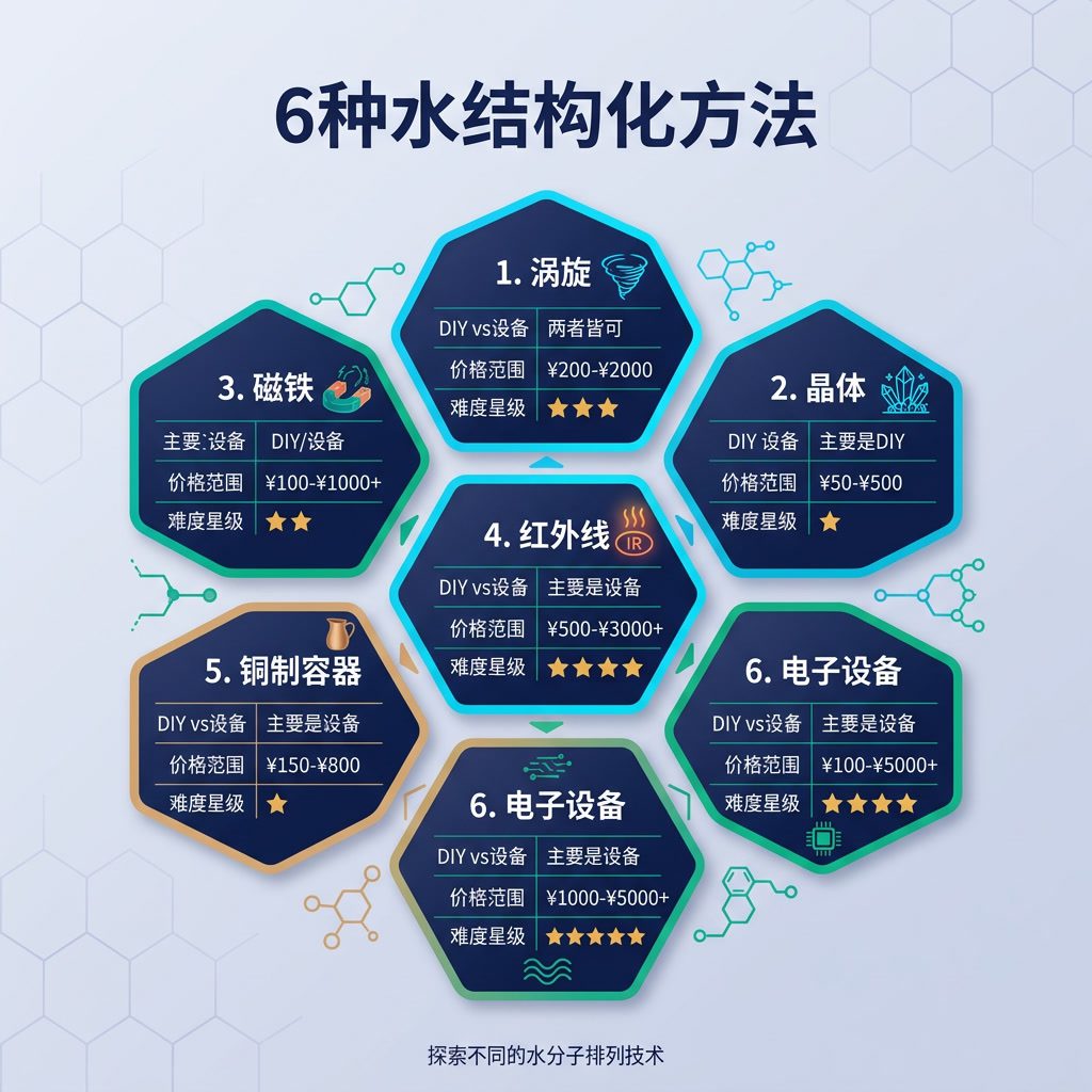 信息图：'6种水结构化方法' 六边形网格。六边形：1-涡旋，2-晶体，3-磁铁，4-红外线，5-铜制容器，6-电子设备。每个六边形：DIY vs设备，价格范围，难度星级。中文标签。 Light indigo-gray background 