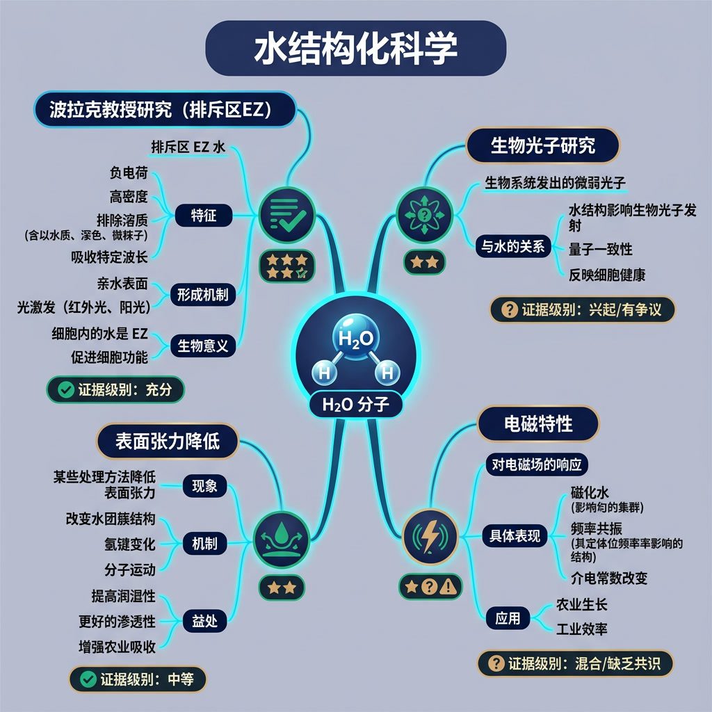 信息图：'水结构化科学' 思维导图。中心：H2O分子。分支：波拉克教授研究（排斥区EZ），生物光子研究，电磁特性，表面张力降低。每个分支标注证据级别。中文标签。 Light indigo-gray background 75% opacit