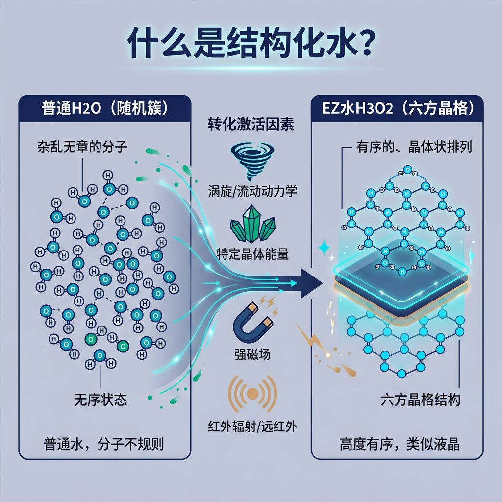 信息图：'什么是结构化水？' 分子对比图。左侧：普通H2O（随机簇）。右侧：EZ水H3O2（六方晶格）。中间：转化激活因素箭头（涡旋、晶体、磁铁、红外线）。中文标签。 Light indigo-gray background 75% opa