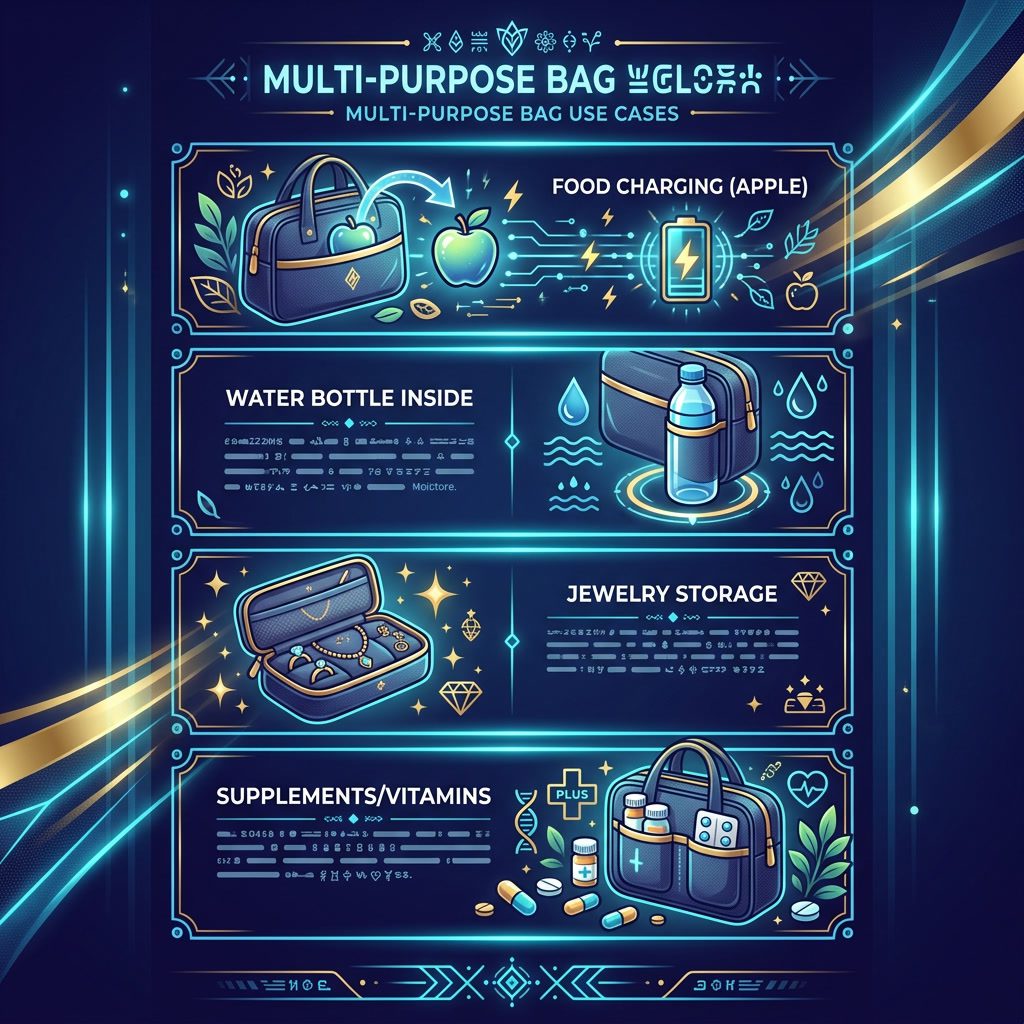 Bag Infographic — 4 use cases for food/water/jewelry/supplements