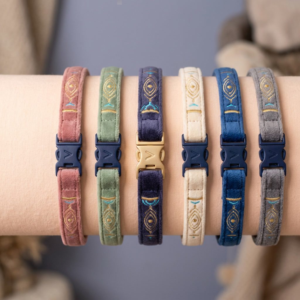 Leela Heal Cat Collar Velour — 量子エネルギー猫首輪（セーフティバックル付き）