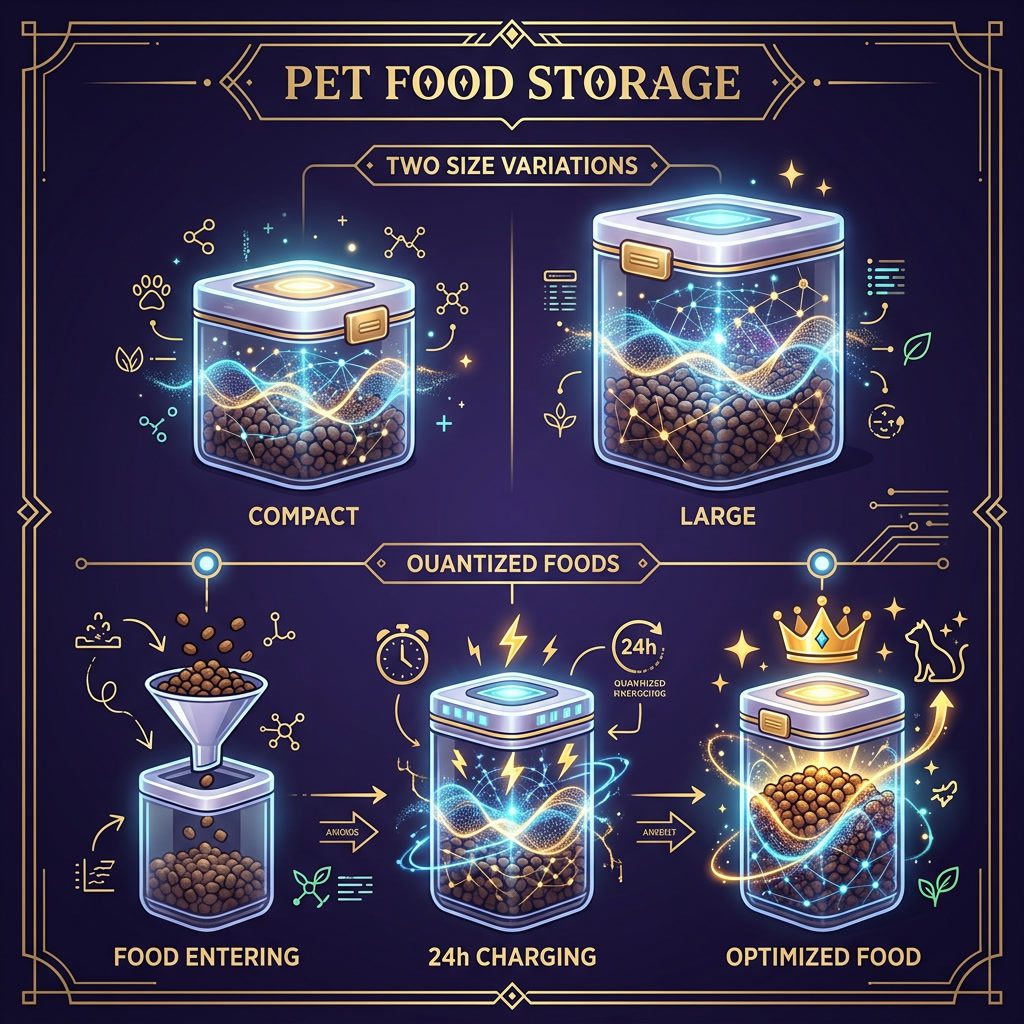 Pet Food Container Infographic — 24h charging and 2 size variants