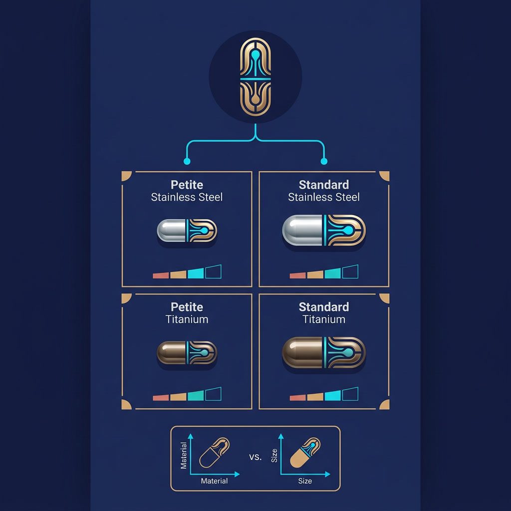 H.E.A.L.360 Kapsel-Familienbaum Infografik — Petite vs. Standard, Edelstahl vs. Titan Variantenvergleich