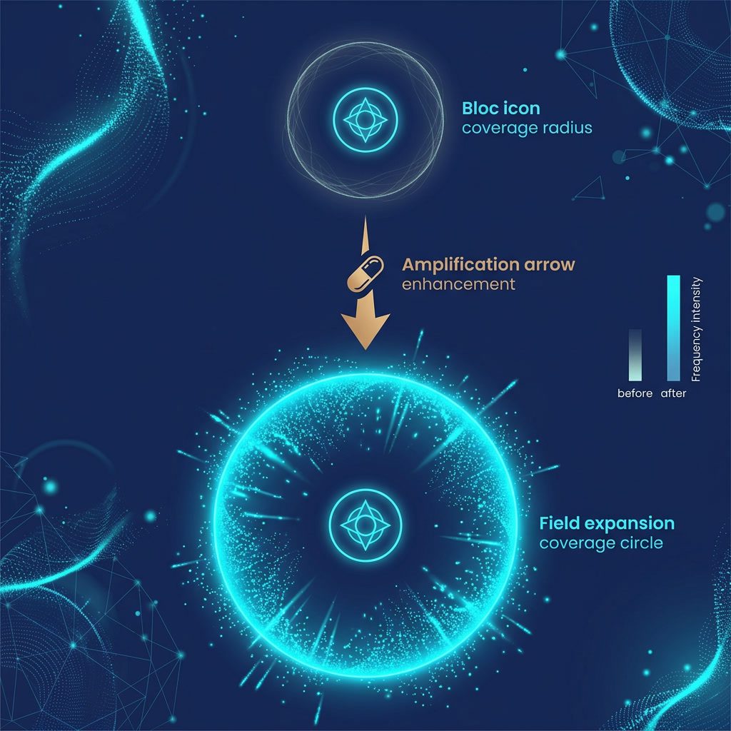 Infinity Bloc Booster capsule amplification infographic — Bloc field expansion with booster