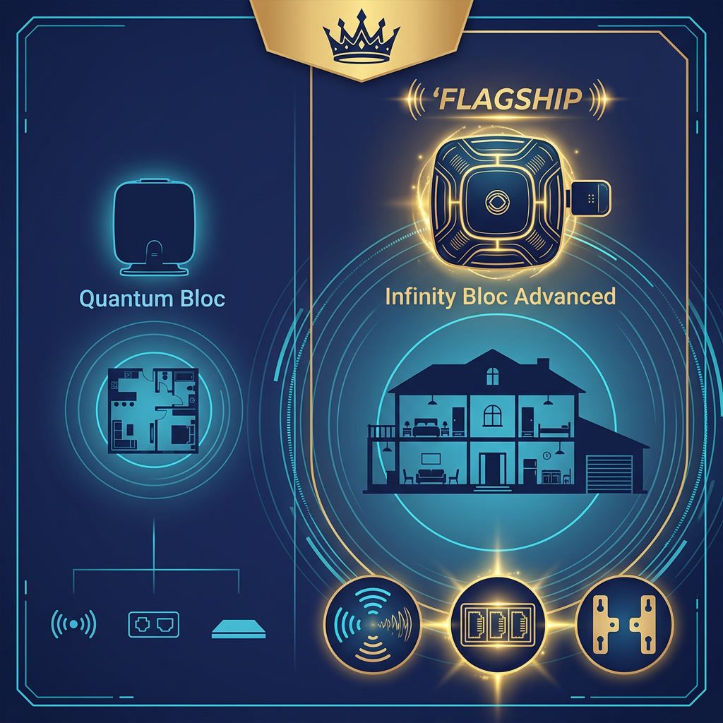Infinity Bloc Advanced vs Quantum Bloc coverage and feature comparison infographic