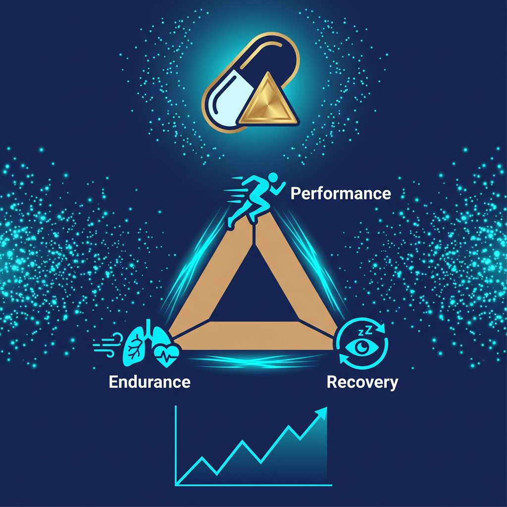 3-in-1 Olympic capsule functionality triangle infographic — performance, recovery, endurance