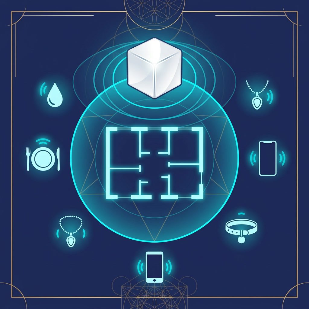 Quantum Bloc 25-meter coverage zone visualization with floor plan and chargeable objects (water, food, jewelry, devices)