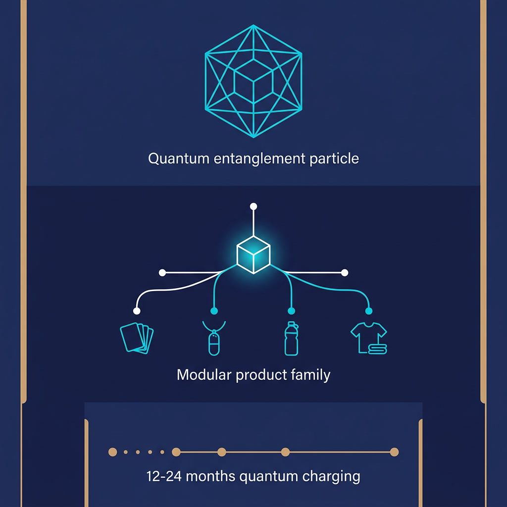 Leela Quantum modular product family tree — Blocs branching into capsules, cards, and wear with 12-24 month quantum charging timeline