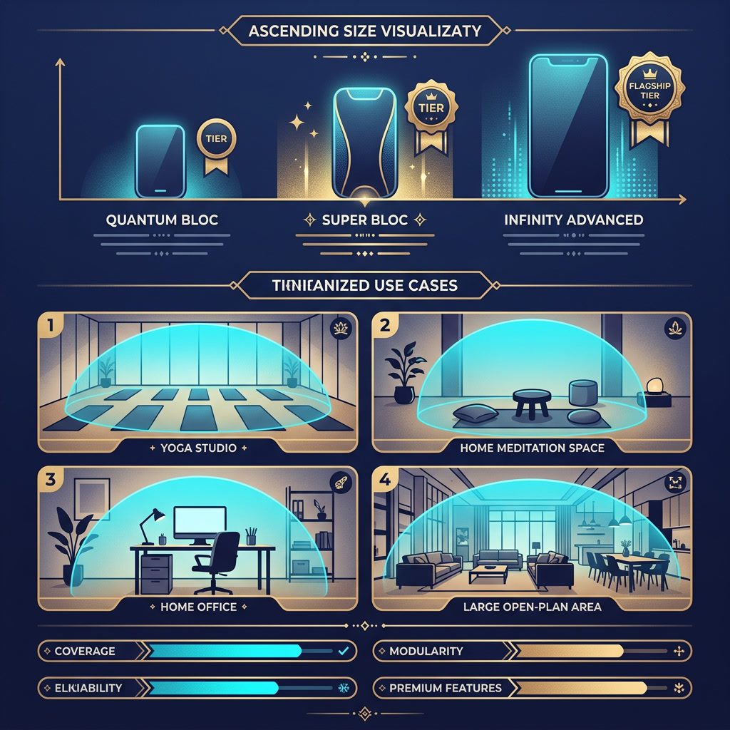 Super Bloc tier positioning and 4 use case scenarios infographic (yoga studio, meditation, home office, living space)