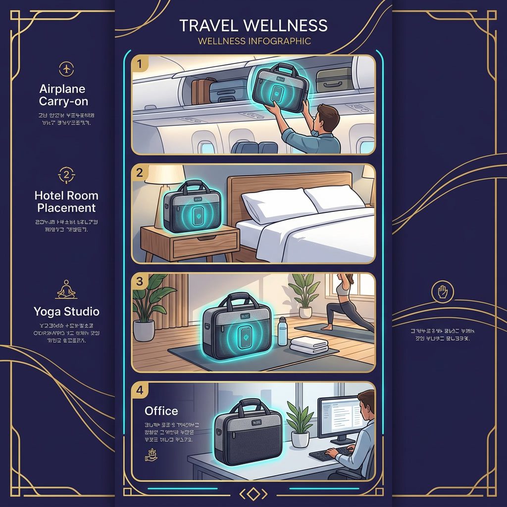 Bag Infographic — 4 travel scenarios (airplane/hotel/yoga/office)