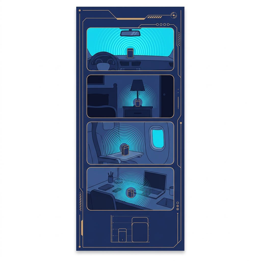 Travel & Car Bloc 4 use scenarios: car dashboard, hotel nightstand, airplane tray table, office desk