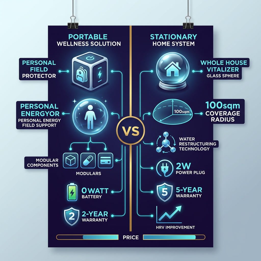 Leela Quantum Blocポータブル量子保護 vs Somavedic家全体EMF調和 — 比較インフォグラフィック