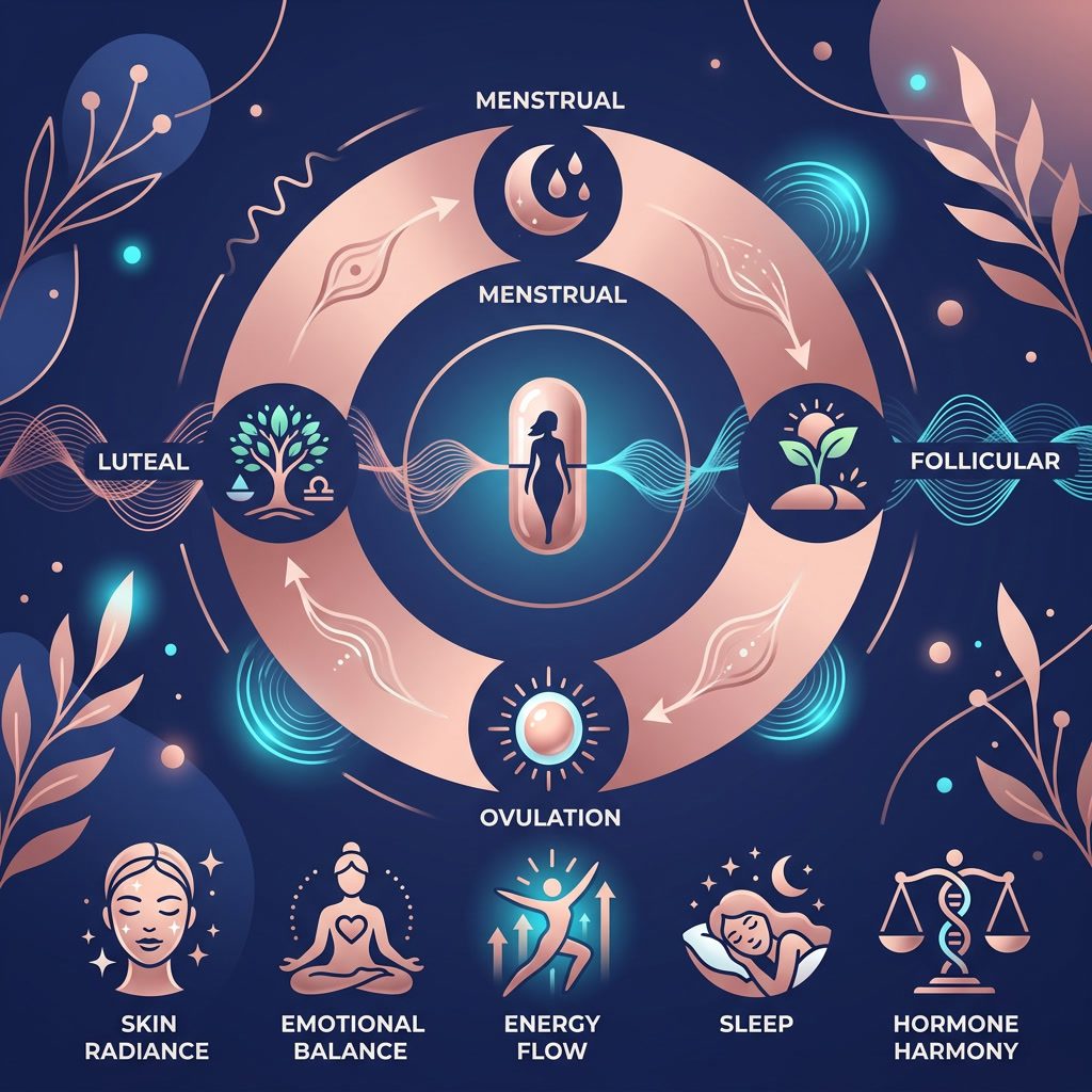 Women's Booster capsule infographic — female hormone cycle support across 4 phases