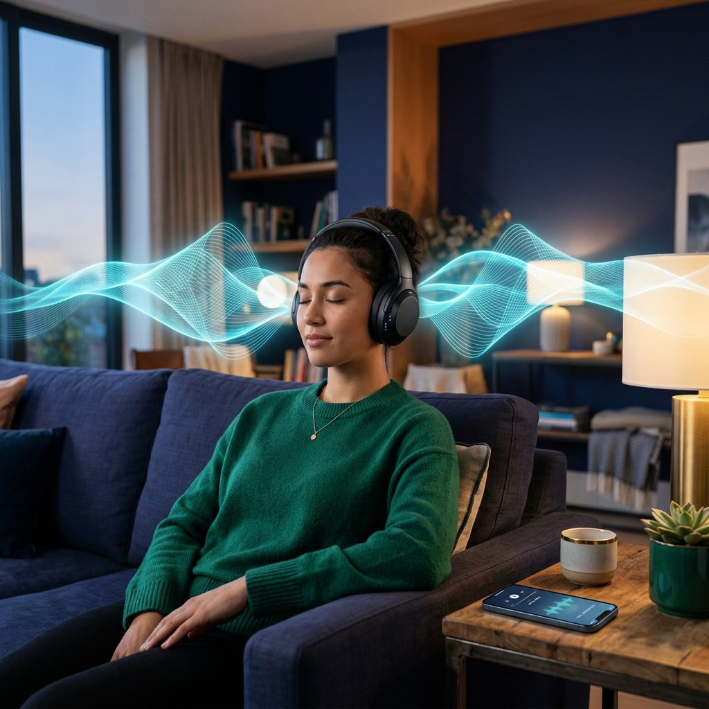 Person listening to a Neowake audio session through premium headphones