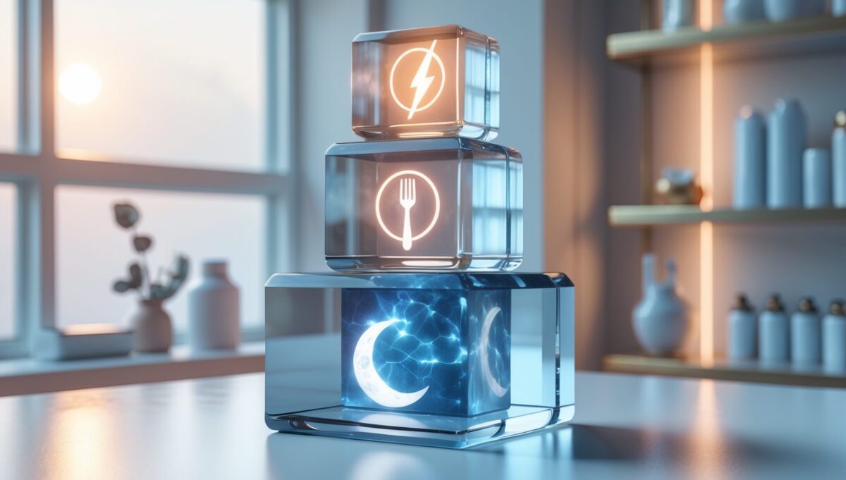 Drei gestapelte Glaswürfel mit leuchtenden Icons: Mond, Gabel und Blitz.