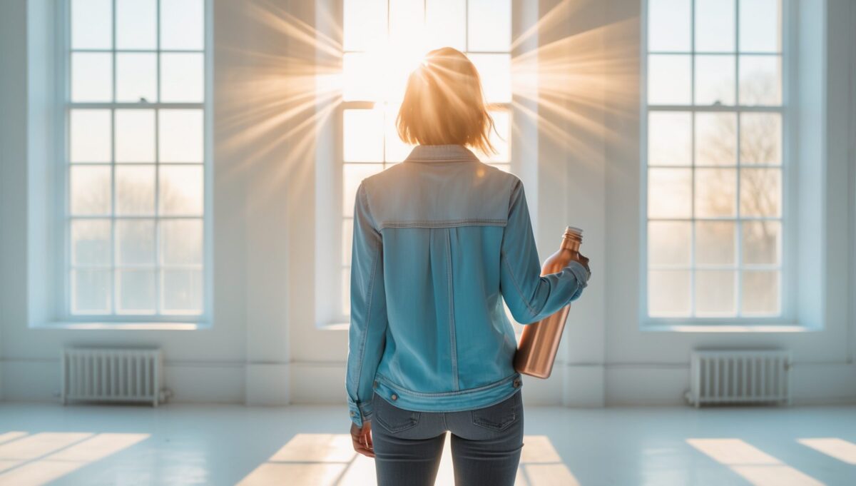 Personensilhouette von hinten vor hellen Fenstern mit Morgenlicht, hält Kupfer-Wasserflasche.